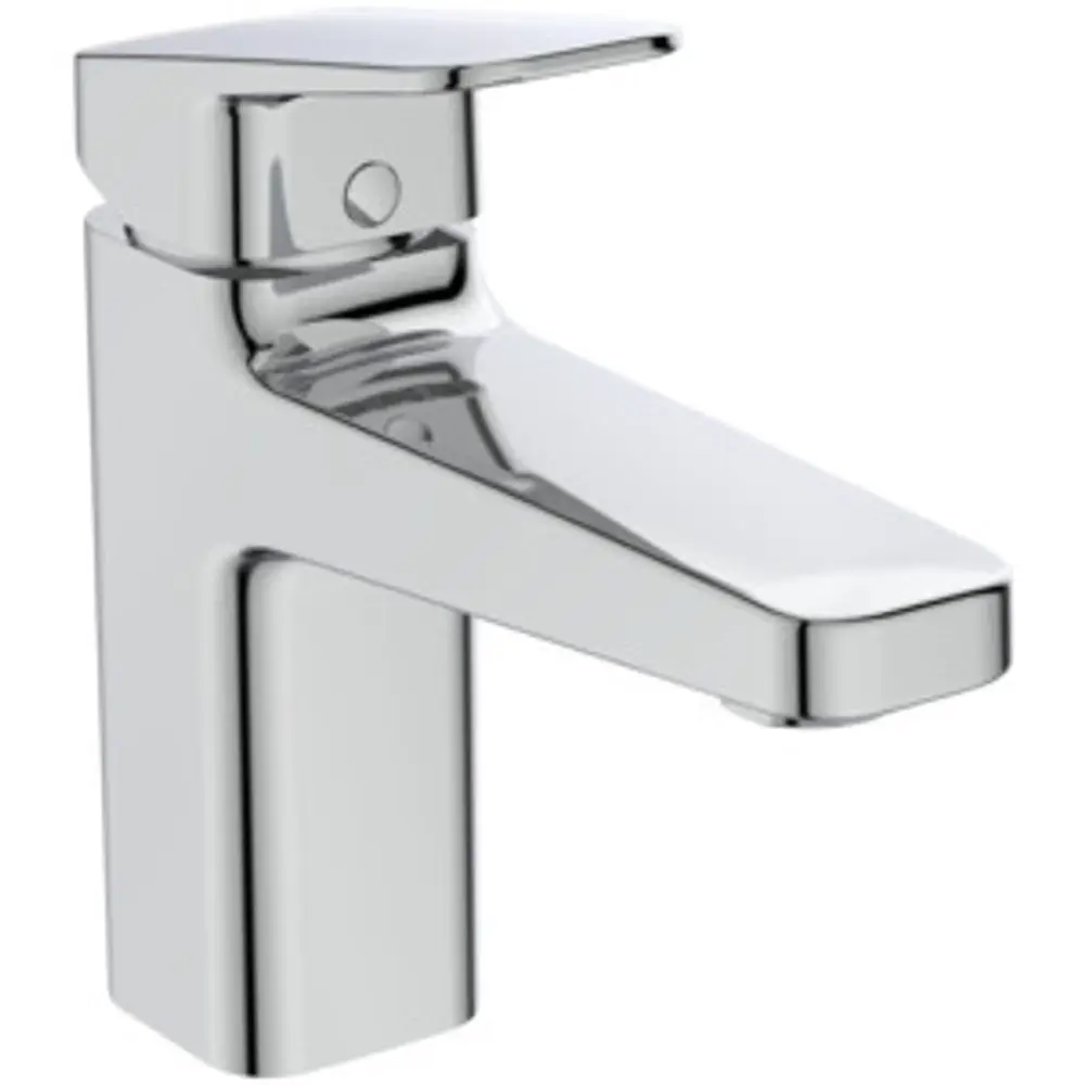 Chromfarbene Waschtischarmatur mit flachem Auslauf und Hebel, hergestellt von Ideal Standard. Eignet sich für moderne Badezimmer.